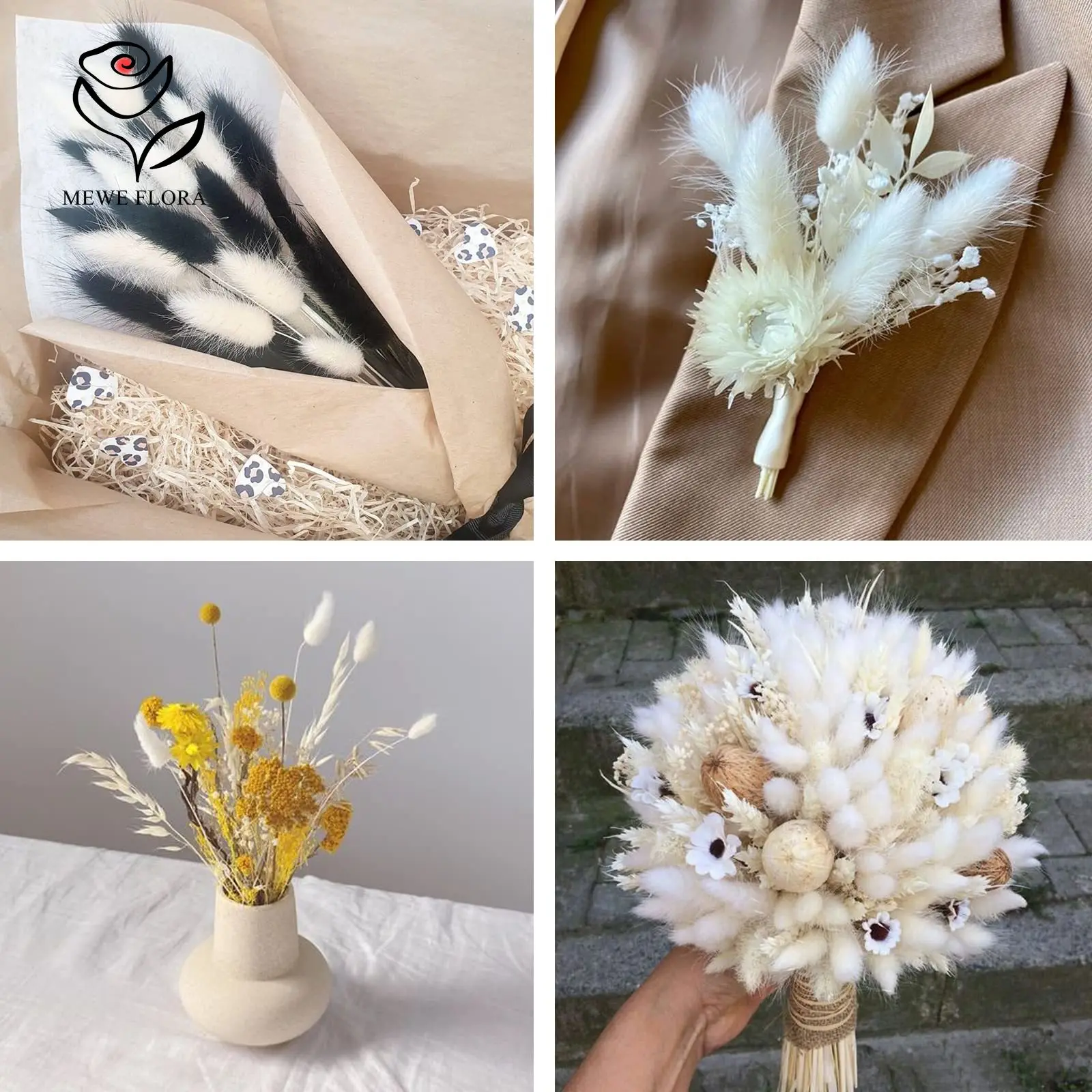 150PCS White Natural Fluffy Rabbit Tails Pampas Grass Decoration Home Dried Flower Arrangements Boho Rustic Wedding Decorative