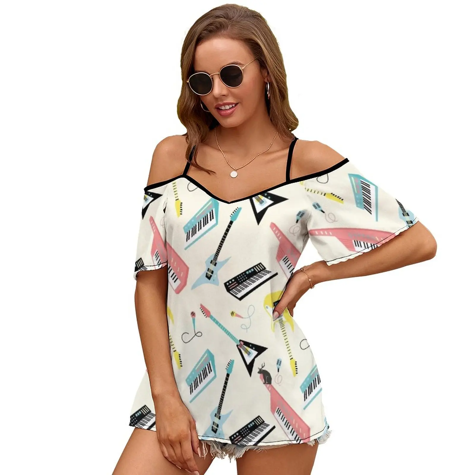 Sound Of Design Slit Sleeve Cold Shoulder Print Women T Shirt Casual Summer Tee Tshirt Loose Top Sound