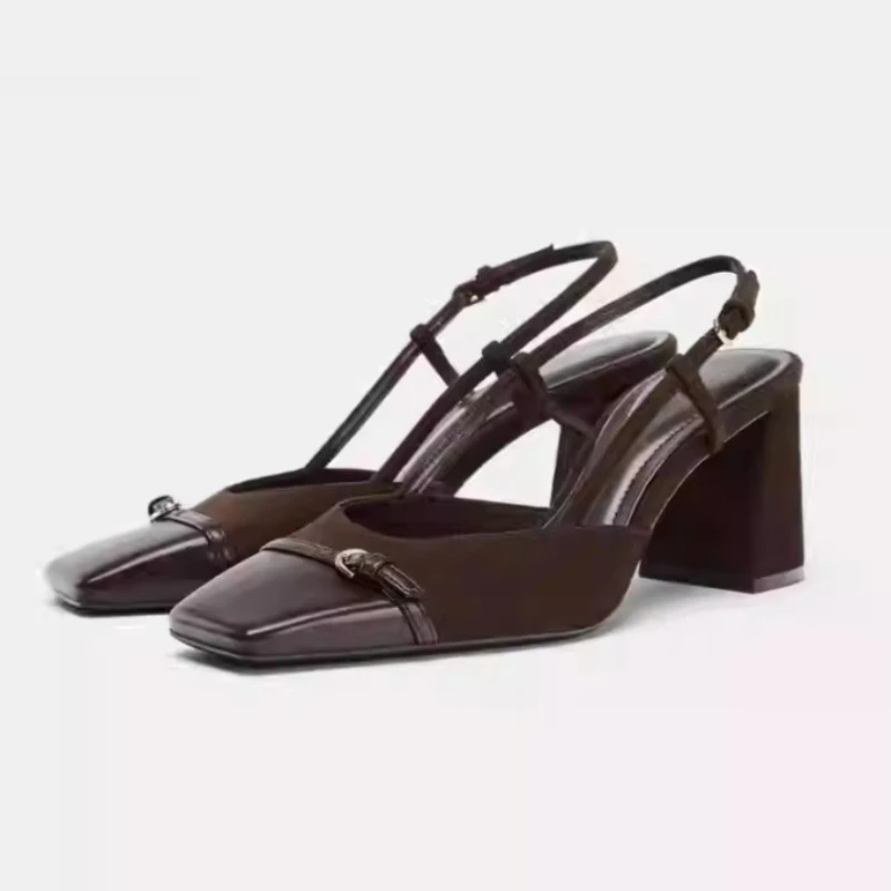 

Brown Suede Leather Square Toe Slingback Sandals for Women Elegant Block Heel Sandals with Metal Buckle Vintage Party Office
