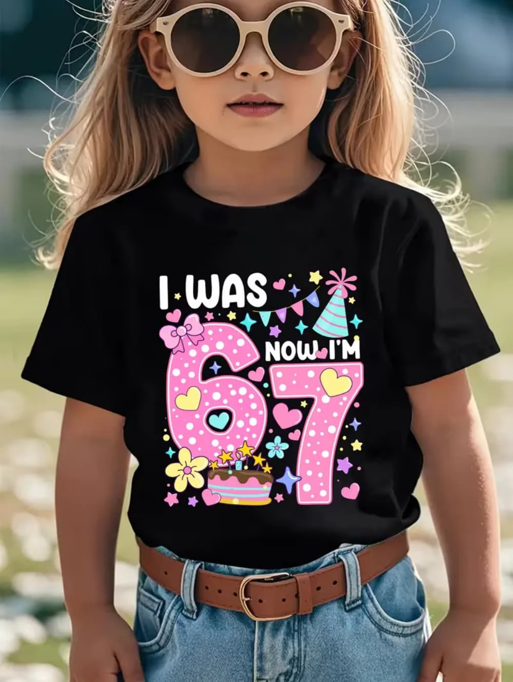 67 Meme T-Shirt for Girls 6-7 Years Old Birthday Party Gifts Summer Short Sleeve Tees Crew Neck Graphic Y2k Children's Clothing