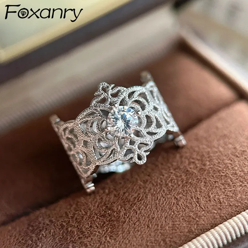 Foxanry Silver Color Hollow Lace Zircon Rings For Women French Elegant Romantic Sweet Delicate Fashion Wedding Jewelry Gifts