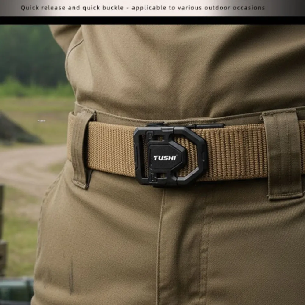 Quick Release Nylon Tactical Belt Hollow Polygon Zinc Alloy Buckle Embedded Stainless Steel Support Plate Dense Interwoven