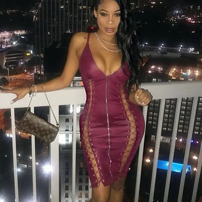 

WUHE PU искусственная кожа шнуровка ажурное Бандажное облегающее Сексуальное Женское Платье в стиле ретро ночного клуба без рукавов на молнии платье на день рождения