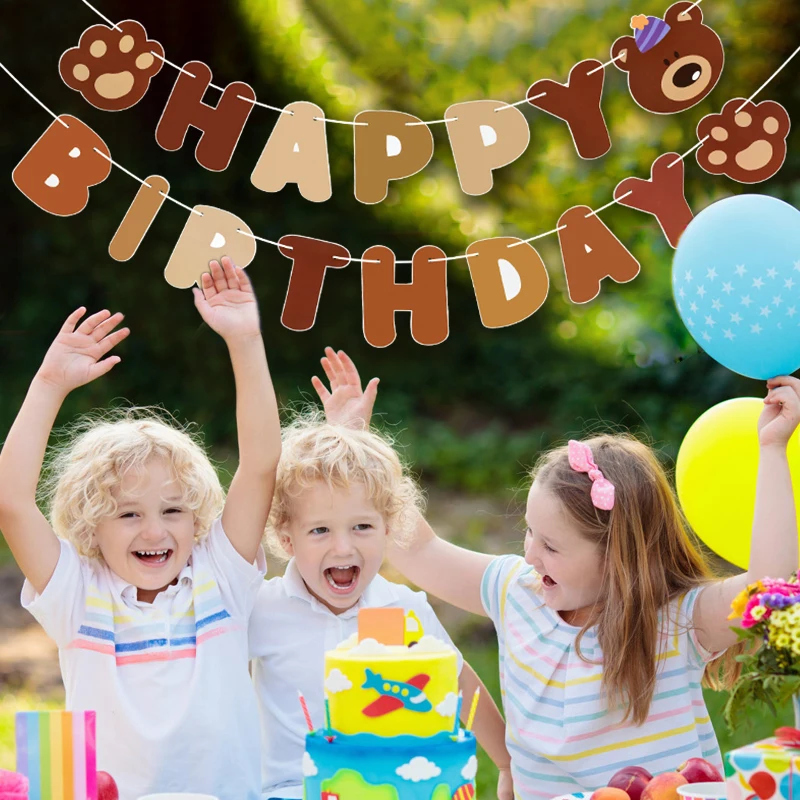 Bear Happy Birthday Banner Cute Paper Birthday Bunting Banner Hanging Garland For Kids Baby Shower 1st First Birthday Decoration