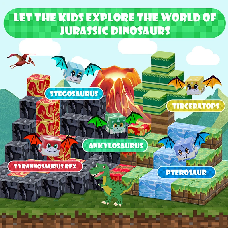 ชุดตัวต่อแม่เหล็ก 80 ชิ้น ธีมไดโนเสาร์ ของเล่นเสริมพัฒนาการ STEM สำหรับเด็กชาย เด็กหญิง อายุ 3 ปีขึ้นไป ของขวัญคริสต์มาส แบบประกอบเอง