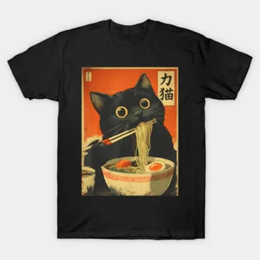 Kawaii Katze, die Ramen-Nudeln isst, süßes japanisches Anime-Essen-T-Shirt für Männer und Frauen, T-Shirts aus 100 % Baumwolle, kurzärmelige Oberteile 0109-2