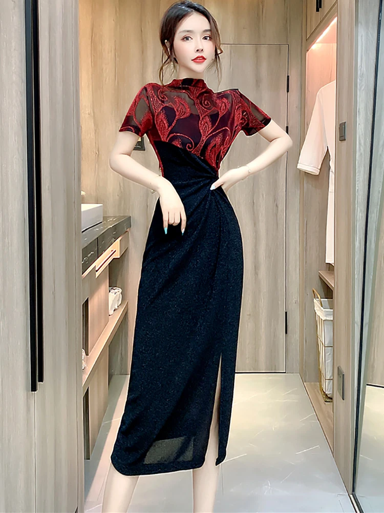 Été noir patchwork rouge imprimé pure sexy robe longue femmes vintage robe de luxe robe 2025 coréen élégant moulante robe de soirée
