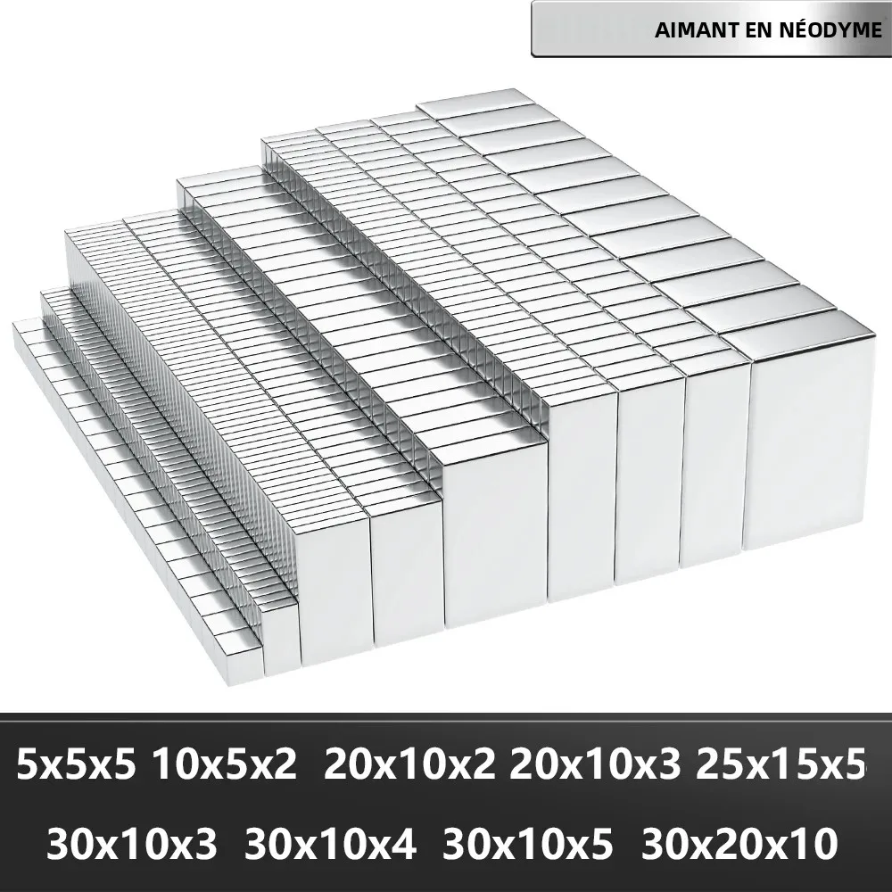 Bloc magnétique en néodyme Super puissant N35 NdfeB, imanes magnétiques permanents puissants, aimant de réfrigérateur 5x5x5 20x10x2mm