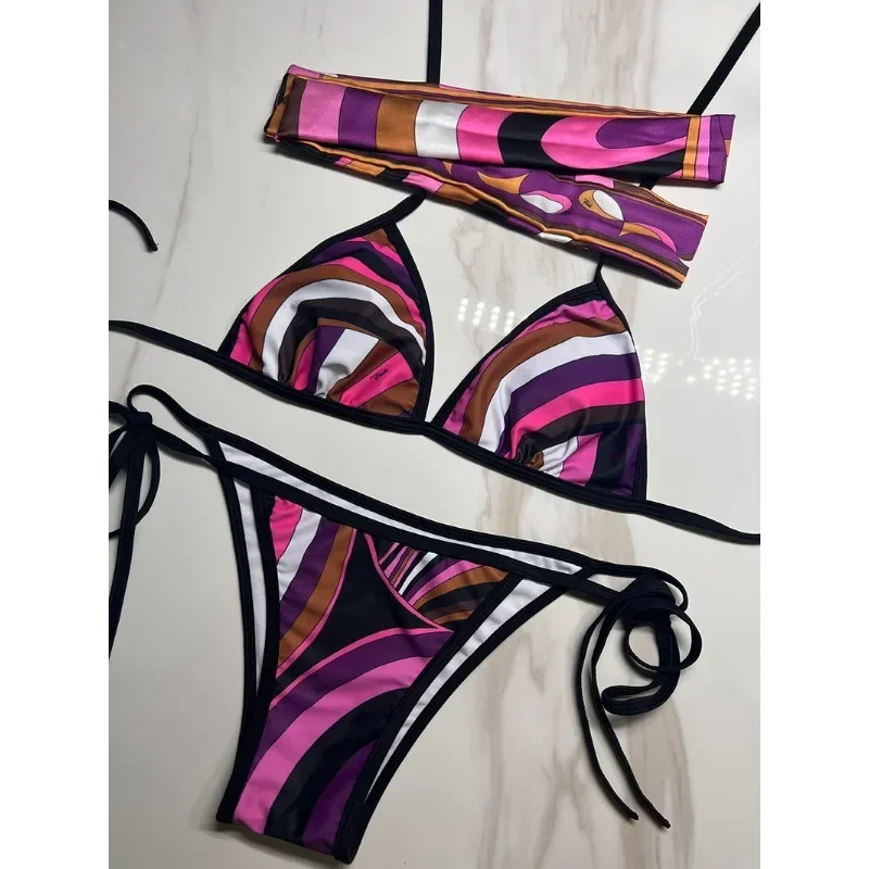 Nowe damskie zestawy bikini z opaską na głowę 2025, modne wzory, nadruk w paski z literami, luksusowe stroje kąpielowe europejskiej marki, seksowne tankini.