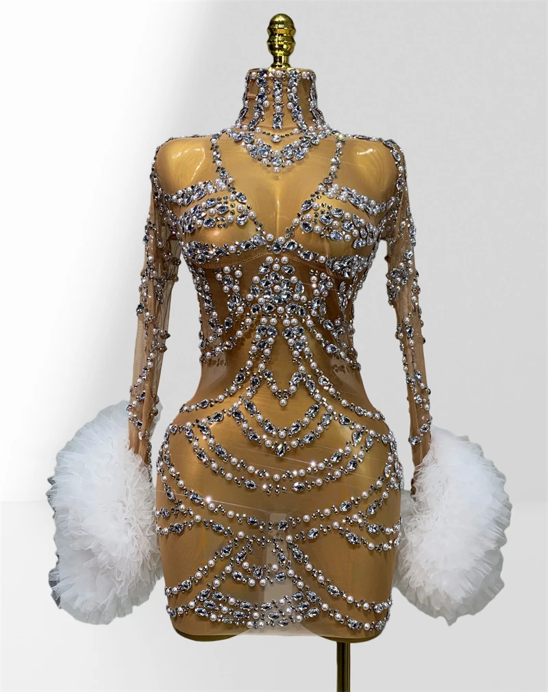 

Luxury Sparkling Diamonds Mesh Sexy Throug Puffy Sleeve Mini Dress Fashion Woman Party Nightclub Dancers Performance Costume