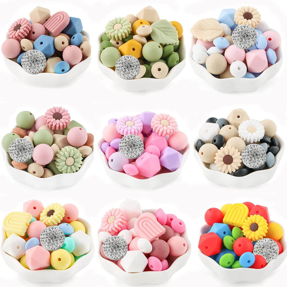 38/40Pcs/Set Silicone Focal Beads Flower Leaves Loose Beads Sets For Jewelry Making DIY Keychain Necklace Bracelet Accessories