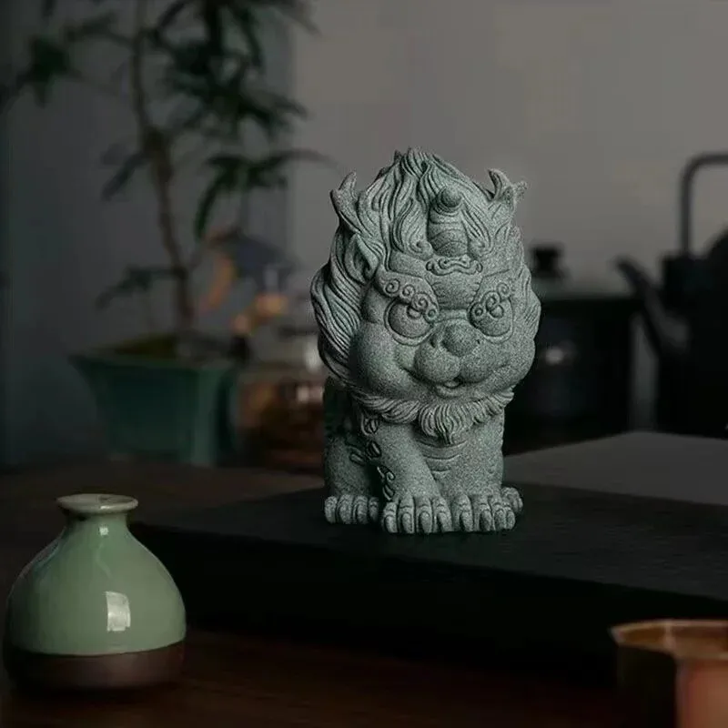 Vintage Green Sand Stone Cute Pixiu Statue Chinese Mythical Rui Beast Desktop Feng Shui Collectible Ornament