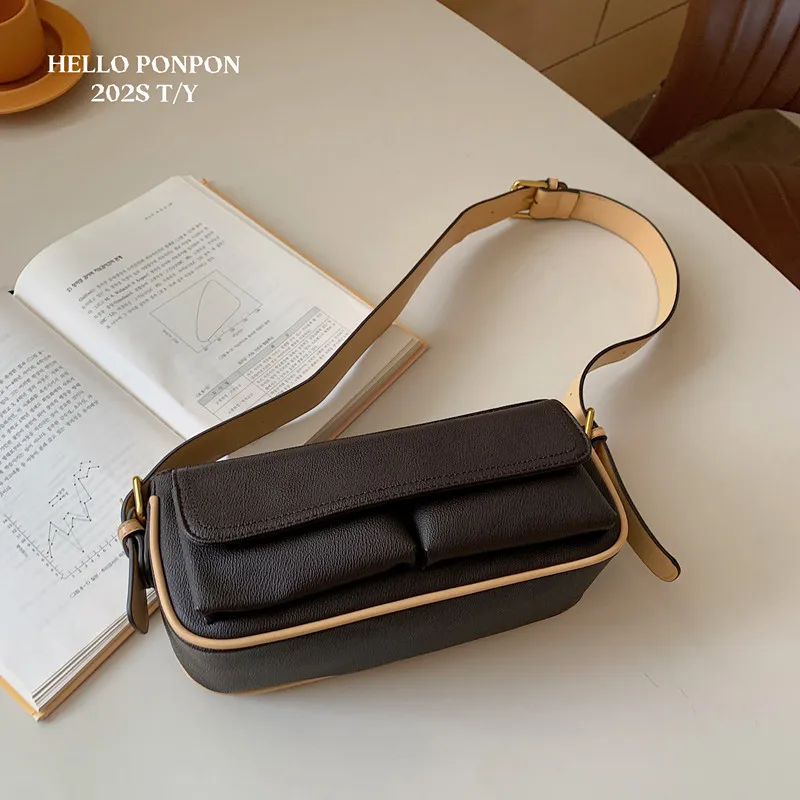 

New Fashion Coffee Double Pockets Shoulder Bag for Women Ins Fashion Mixed Color Retro Casual All Match Women'S Bag