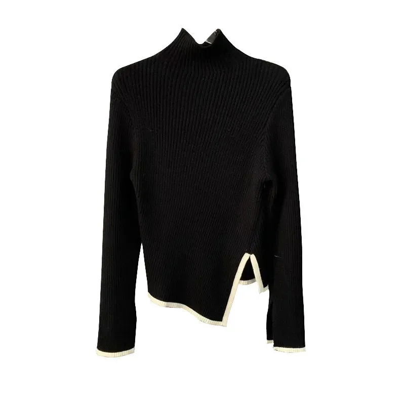 Fashion Korean Irregular Slim Long Sleeve Top Pullover Womens Autumn Black Turtleneck Solid Color Knit Top Vintage Clothes 90s