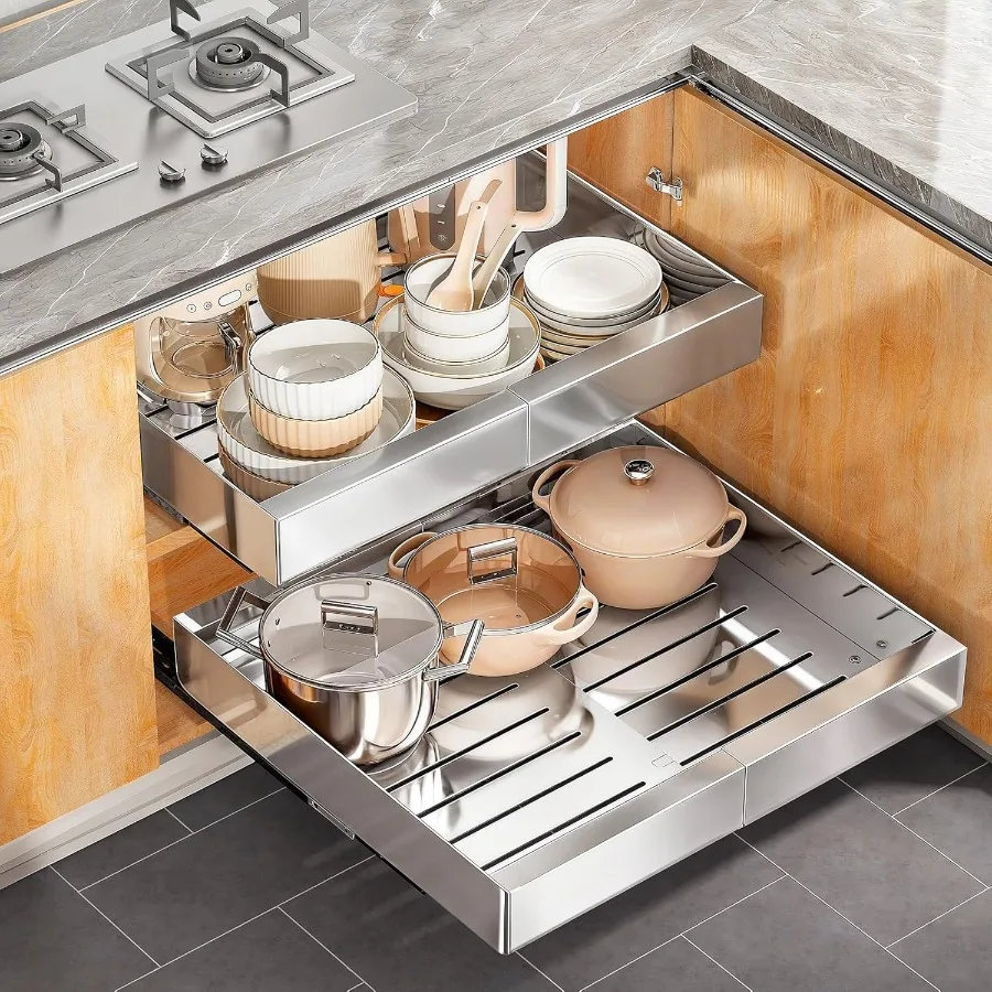 

Выдвижной органайзер для шкафа из нержавеющей стали, расширяемые выдвижные ящики 12-20 для тяжелых условий эксплуатации, фиксированные с клейкой нано-пленкой для горшков