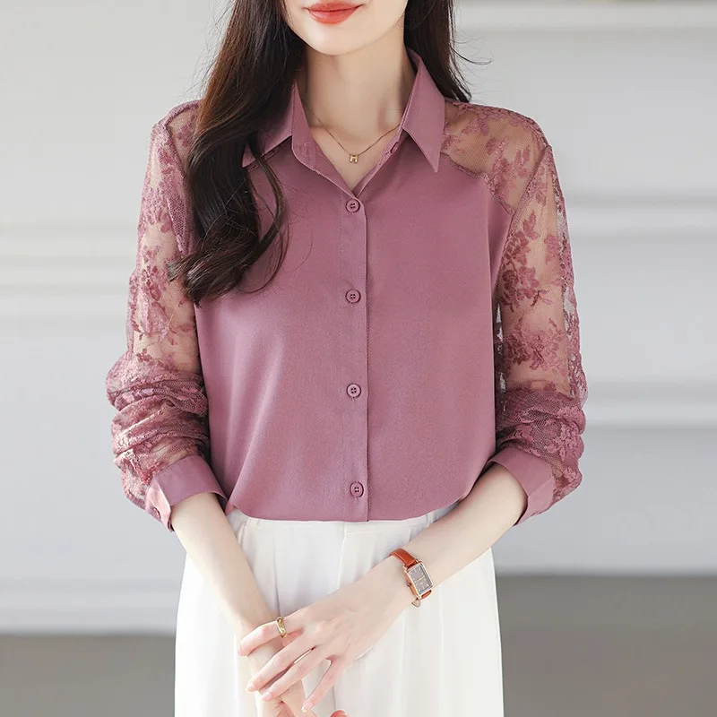 

Vintage Women's Blouses Solid Color Shirts Fashion Loose Summer Korean Clothing Patchwork Long Sleeved Chiffon Women Tops