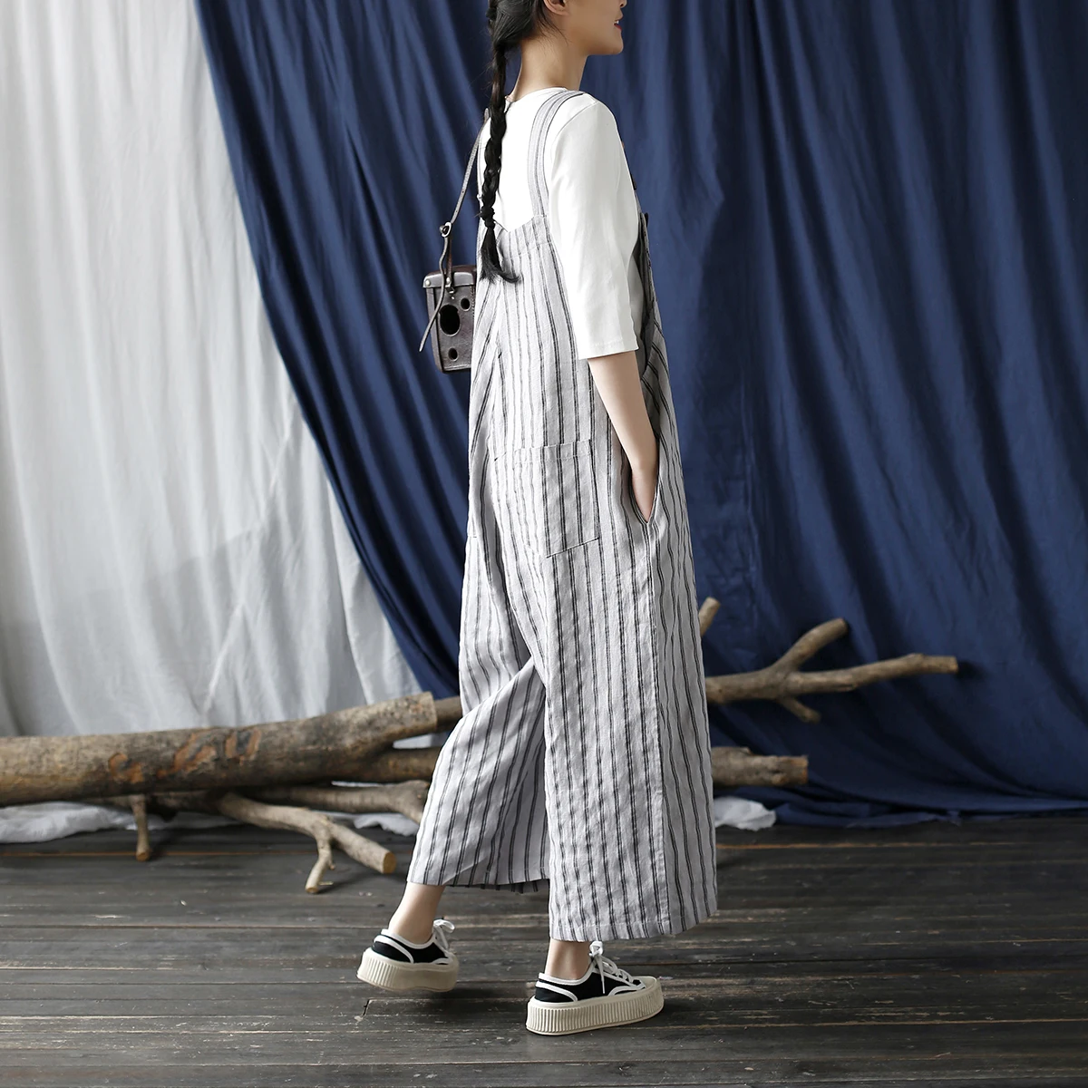 Shanghai Story Women Cotton Linen Dual Pocketed Overall Romper Striped Jumpsuit