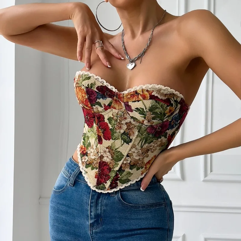 Abrini Y2K Street Sleeveless Bare Shoulder Crop Top Sexy Lace Embroidery Floral Backless Strapless Bandage Vest Fishbone Corset