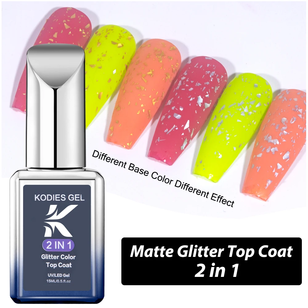 KODIES GEL Matte Top Coat Glitter Foil Flake Gel Nail Polish Matte Finish 15ML Semi Permanent UV/LED Soak Off Gel Varnish Nails