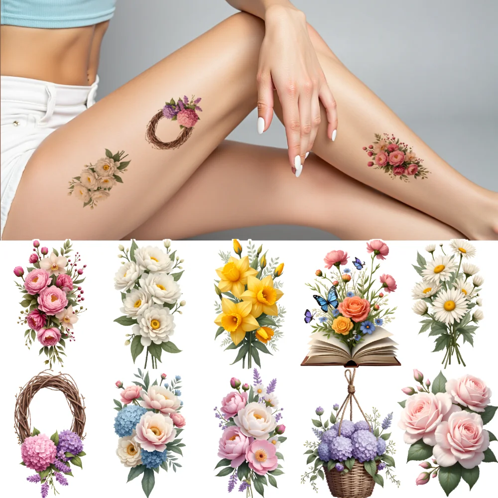 

28pcs Temporary Tattoo Bouquet Tattoos Waterproof Long-lasting Body Stickers Floral Patterns Flower Illustrations For Children