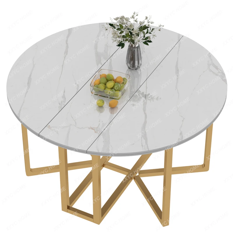 Light Luxury Stone Plate round Retractable Folding Dining Tables and Chairs Set Living Room Multifunctional Folding round Table