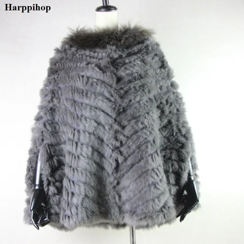 Imagen 2 del producto Harppihop, nuevo jersey de moda para mujer, Poncho de piel auténtica de conejo de piel de mapache, capa de piel auténtica, envolturas de punto, chales triangulares, abrigo