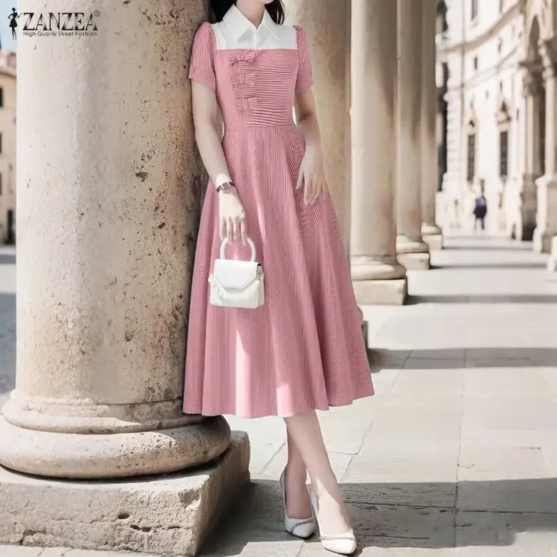 

ZANZEA модные платья с бантом женские с коротким рукавом в полоску в стиле пэчворк вечерние платья 2026 летние женские повседневные свободные праздничные пляжные халаты