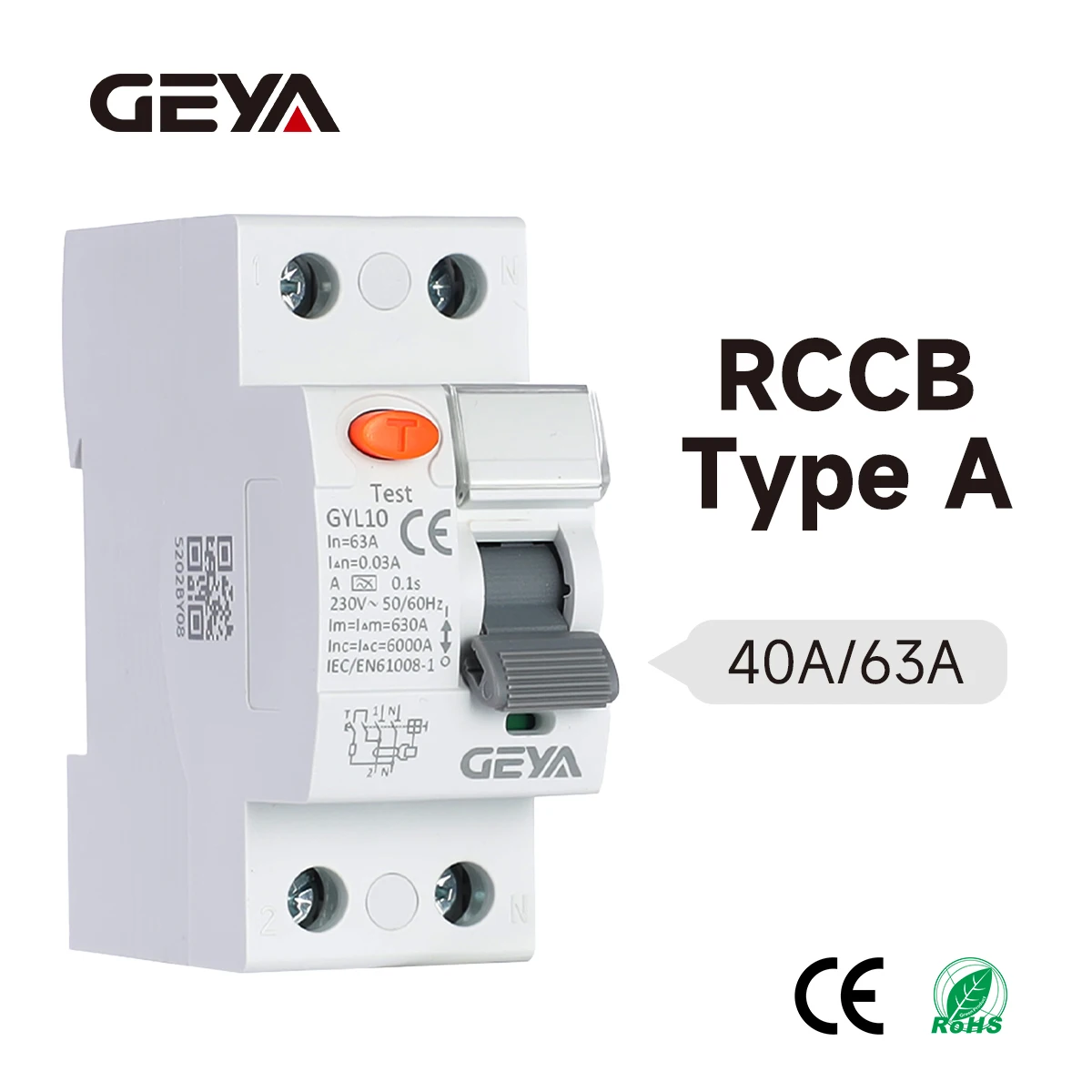 GEYA Type A RCD RCCB Electromagnetic Residual Current Circuit Breaker Overload Leakage Protector 2P 30mA 6KA 40A 63A 230V MCB
