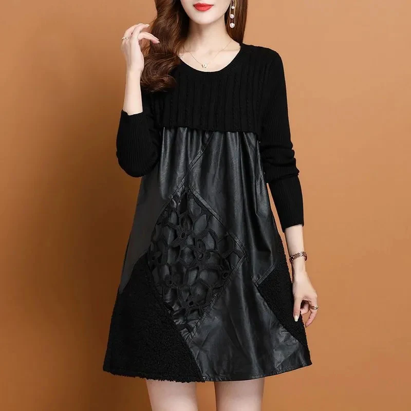 2024 New,Spring Autumn Dress,Women's Clothing,Split Knitted Sweater Panel PU Leather A-line Dress,Large Size Black Dresses,AC925