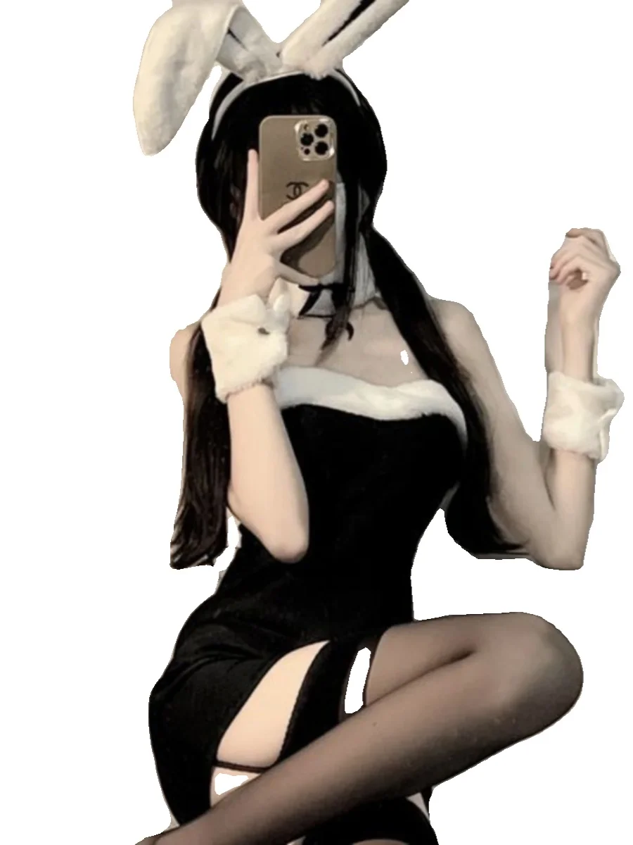 فستان نوم مخملي مثير بتصميم أذني أرنب، تنورة قصيرة نحيفة، ياقة مستديرة بدون أكمام، مناسب للفصول الأربعة، أزياء شبابية عصرية