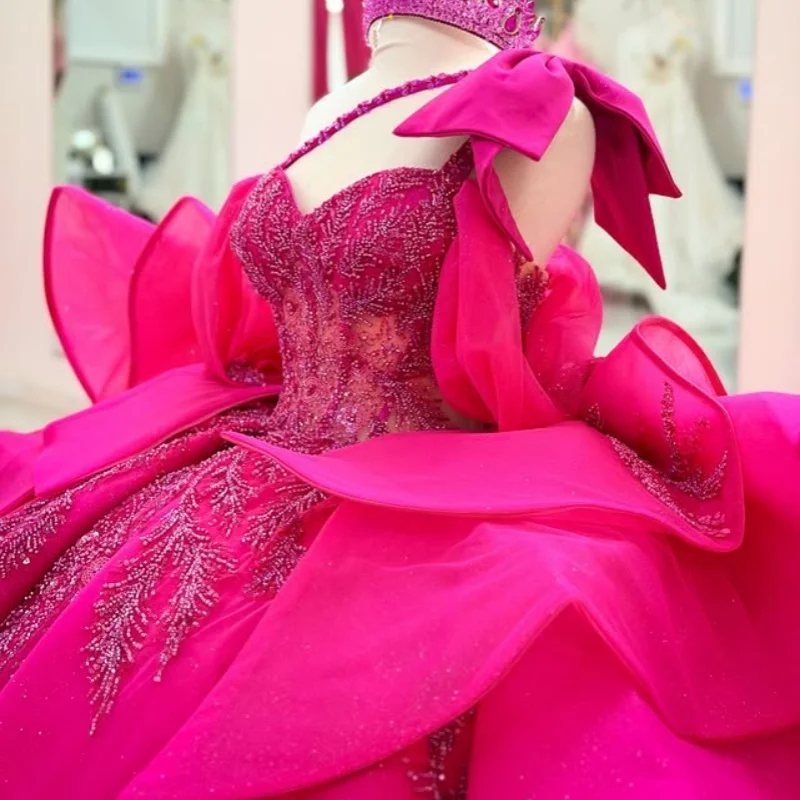 

Rose Pink Quinceanera Dress Crystal Glitter Decal Lace layering Long tail Big Bow Vestidos De 15 Quinceanera ﻿Customize