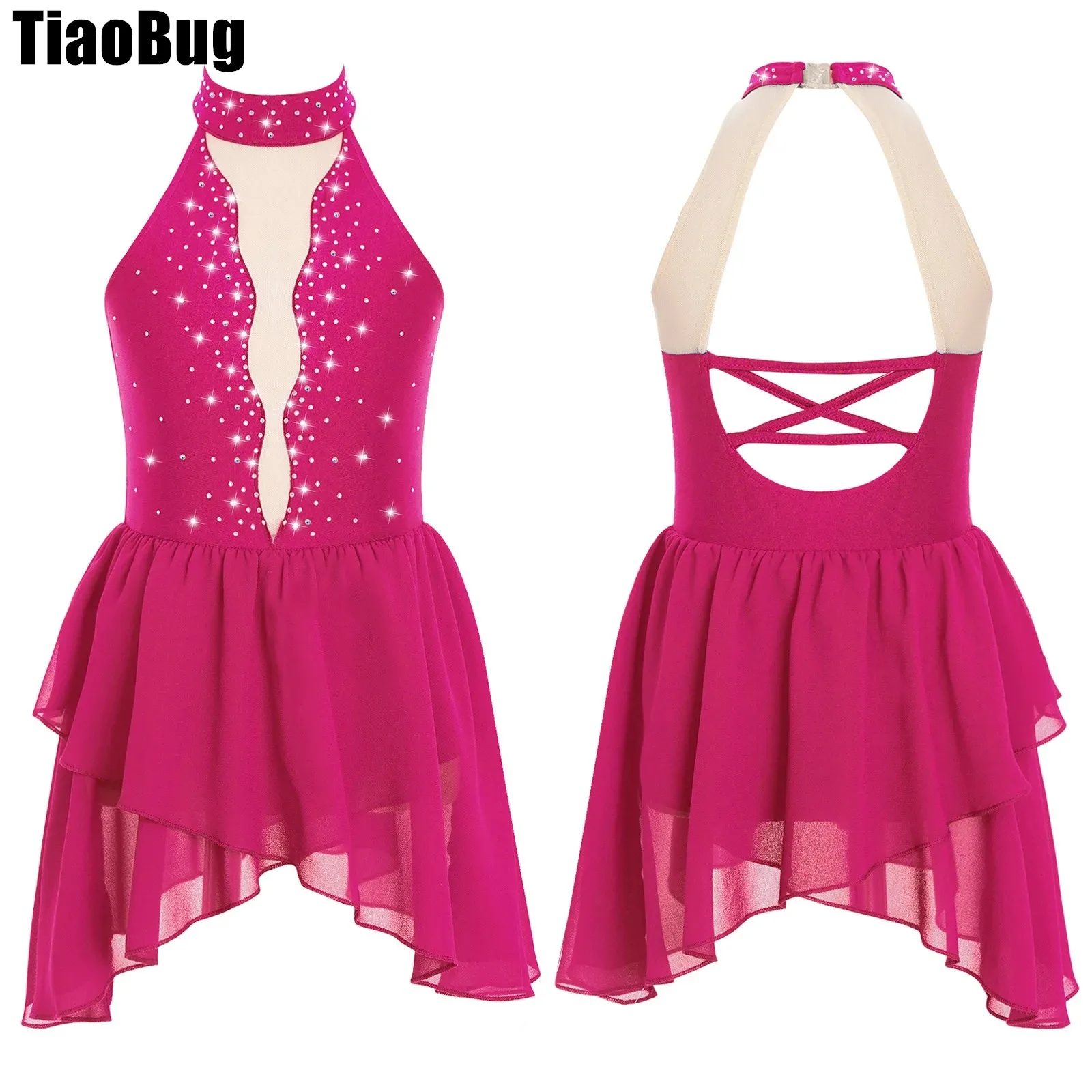 

Kids Girls Rhinestone Lyrical Dance Dress Sheer Mesh Patchwork Sleeveless Mock Neck Open Back Irregular Hem Dress Dancewear