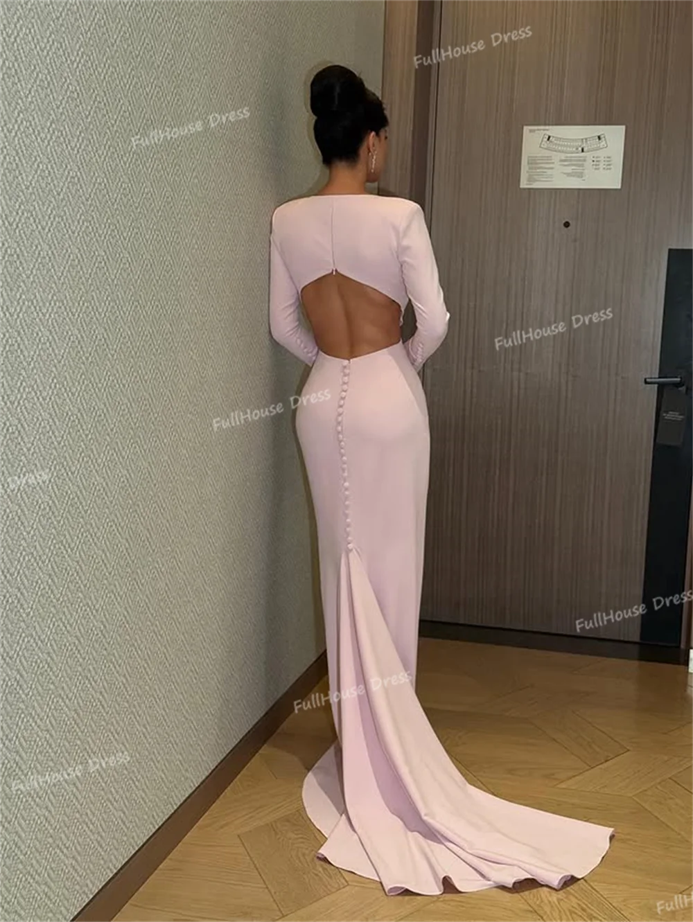 맞춤 제작 모던 V넥 긴팔 솔리드 사우디 가운 백리스 플로어 기장 섹시 머메이드 버튼 이브닝 드레스 (코트 포함)