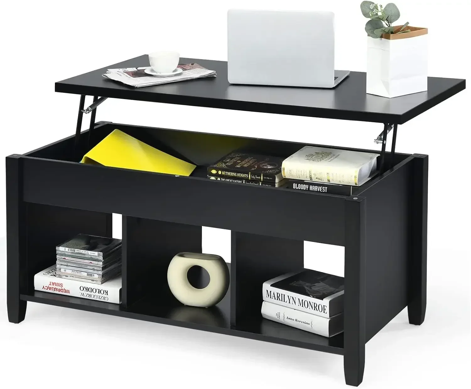 

Wood Lift Top Modern Coffee Table w/Hidden Compartment and Open Storage Shelf for Living Room Office Reception Room (Black)