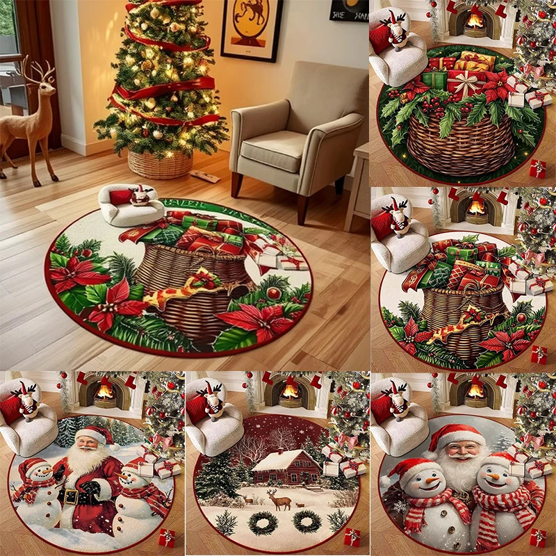 Christmas Series Theme Round Carpet, Santa Claus, Snowman, Christmas Gifts, Holiday Celebration Living Room Decorative Mat