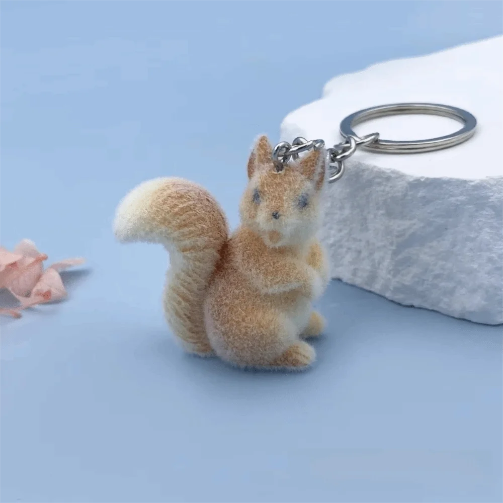 3D Flocking Squirrel Pendant Handmade Craft Supply Mini Cartoon Squirrel Charm DIY Surface Resin Keychain Bag Accessory