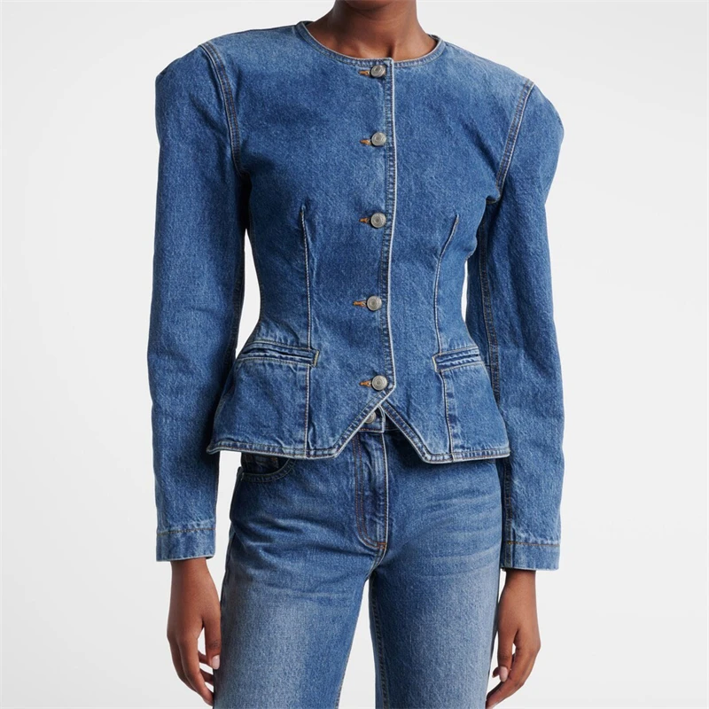Autumn New Women's Round Neck PureCotton Washed Padded Shoulder DenimJacket Y2K High Quality Fashionable Casual Hourglass Jacket