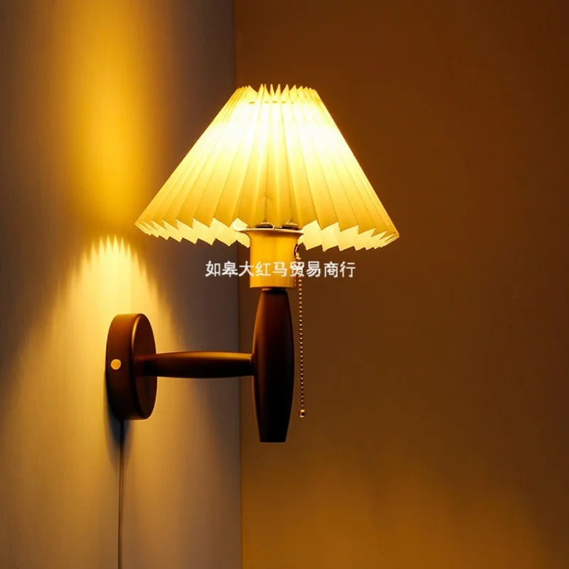 Vintage Copper Bedside Wall Lamp Personality Aisle Corridor Wooden Japanese Pleated Wall Lamp