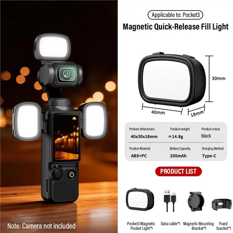 B92B Mini Portable Fill Light for DJI Action 3/4/5 Pro, for OSMO Pocket3 Magnetic Quick Release Vlog Shooting