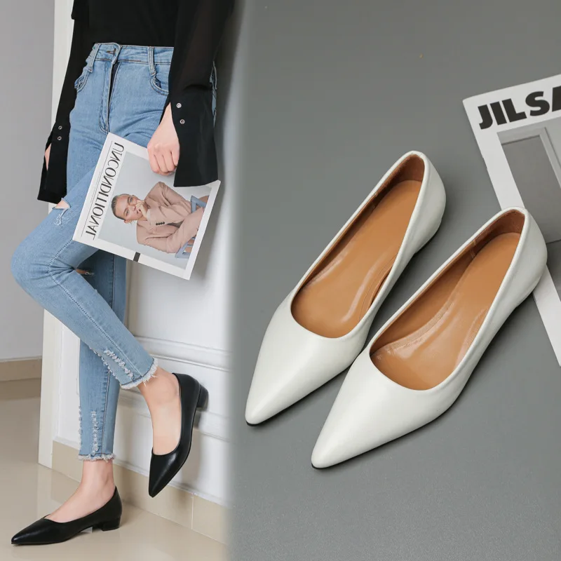 Spring Pointed Toe Shallow Mouth Square Heel Small Leather Shoes Women's Elegant Fashion High Heels Dress Shoes Zapatos Mujer view 4