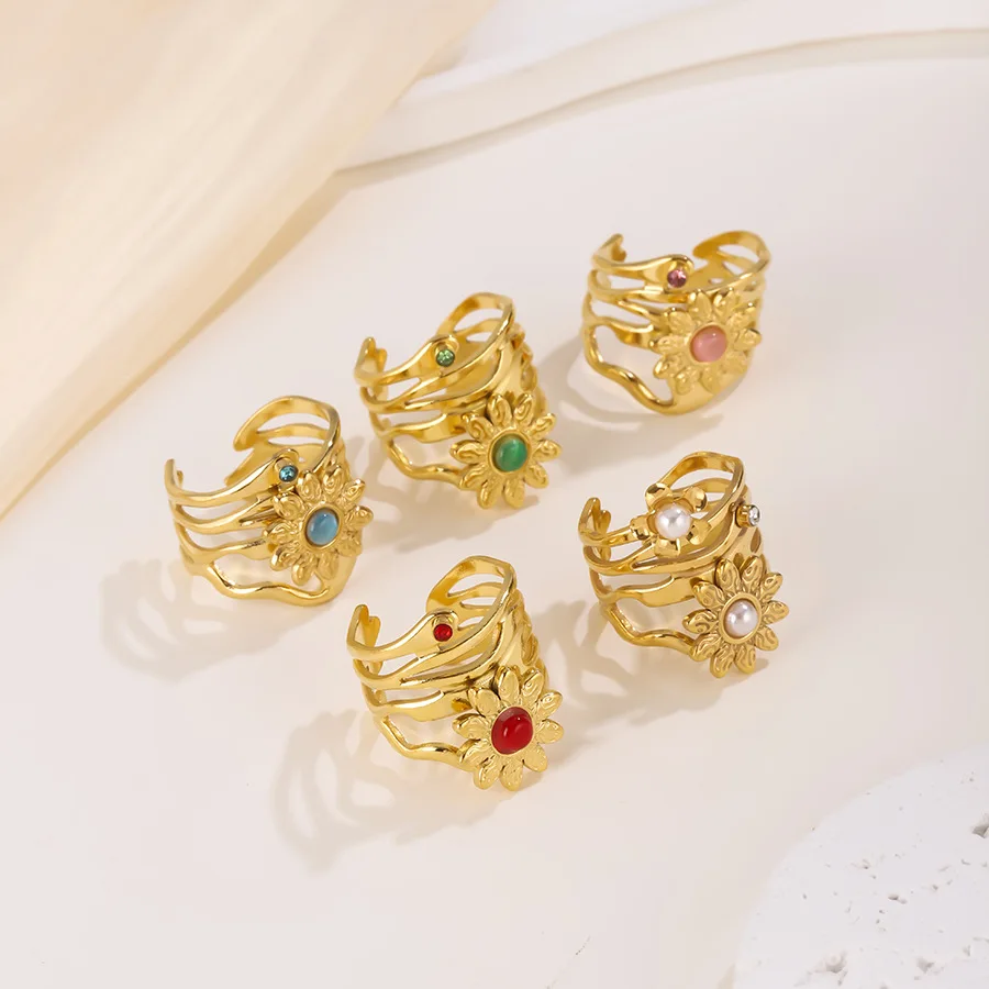 New Stainless Steel Golden irregular Flower Hollow out Adjustable Ring For Women Trend New Waterproof Ring Jewelry Gift