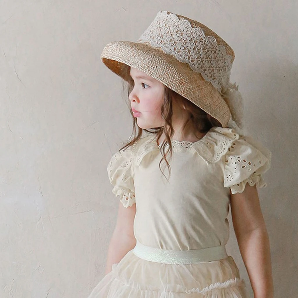 Summer 2026 Girl's Cotton Soft Embroidered Lace Collar Bubble Short Sleeve Elastic T-Shirt in Stock Children's Tops