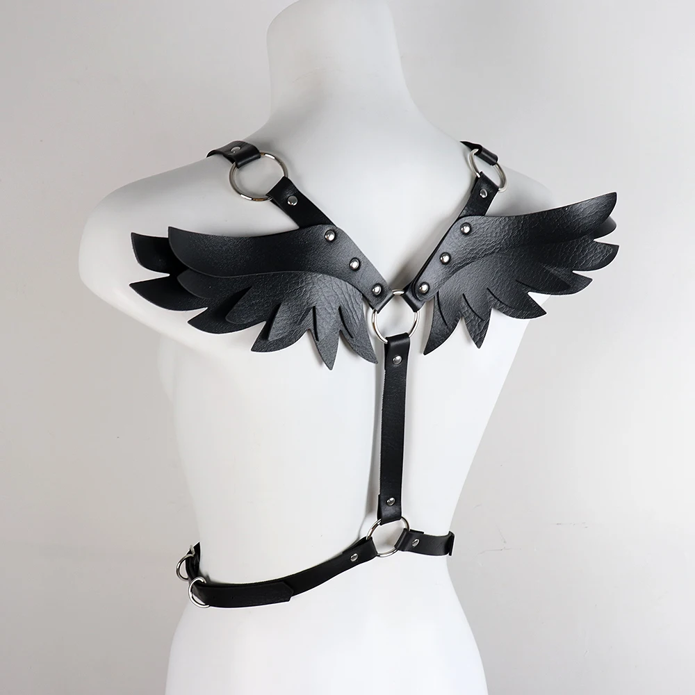 حمالة صدر PU سوداء للنساء على الطراز القوطي، حزام مجنح الملاك، حزام خصر مزخرف مثير لحفلات المهرجانات #4