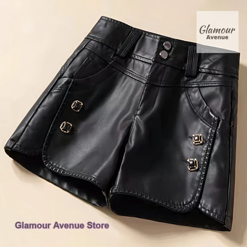 

Korean shorts women's high waist leather pants new wear autumn and winter new fashion slim bottom PU leather casual short.
