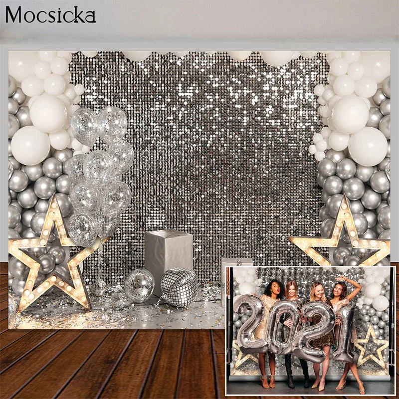 

Retro Disco Adult Kids Birthday Photoshoot Backdrop Balloon Silver Glitter Birthday Party Decor Backgrounds for Photo Studio