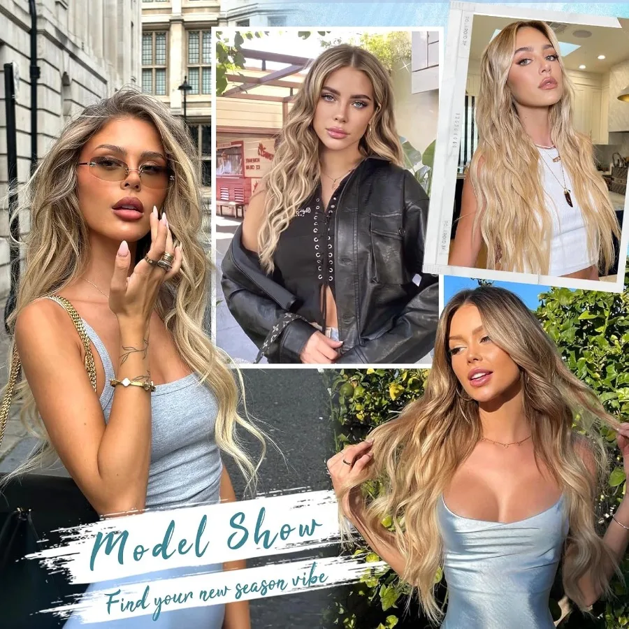 وصلات شعر صناعية طويلة مموجة 4 قطع شعر سميكة بني فاتح مزيج ألياف أشقر ذهبي لحمة مزدوجة مظهر طبيعي وصلة شعر #4