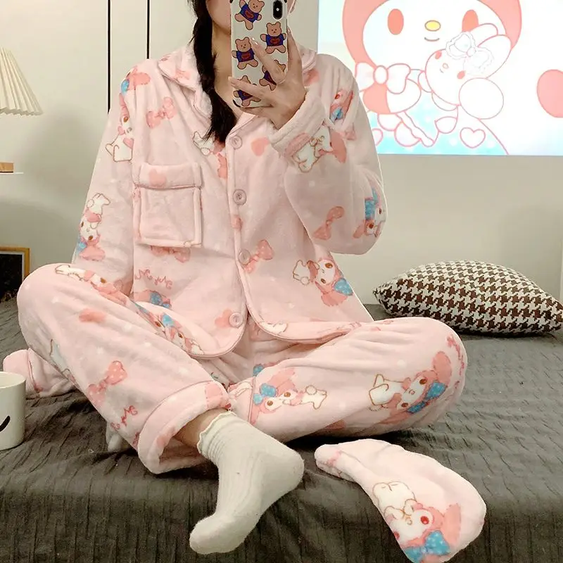 طقم بيجامة نسائي من My Melody موديل 2025 من الفلانيل الحراري لخريف وشتاء مريح ودافئ وأكمام طويلة ملابس منزلية للاستلقاء