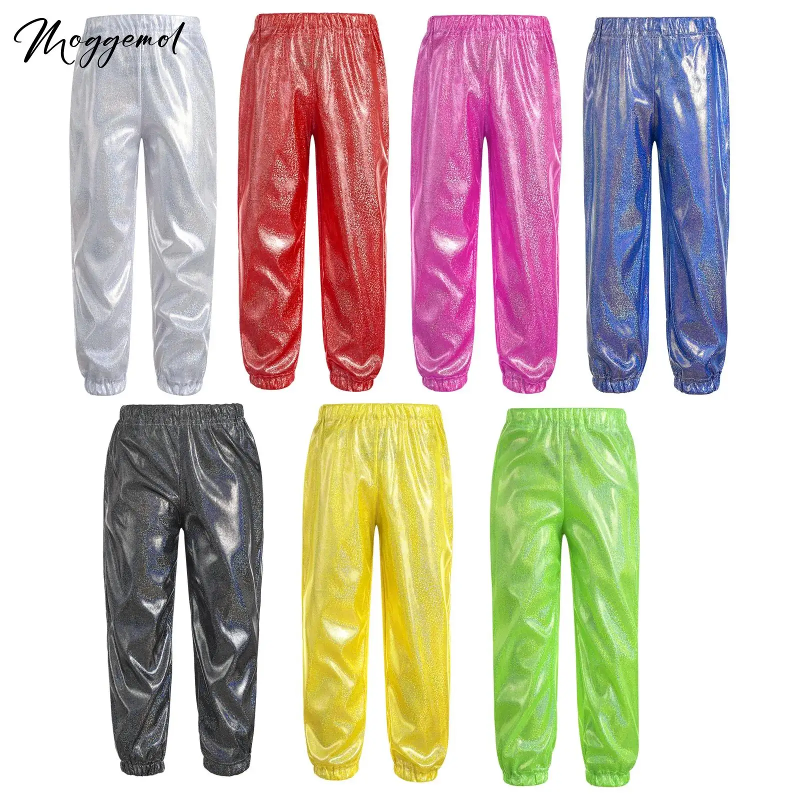 Kids Boys Girls Hip Hop Jazz Street Dance Pants Shiny Metallic Elastic Waistband Trousers Party Performance Costume Dancewear