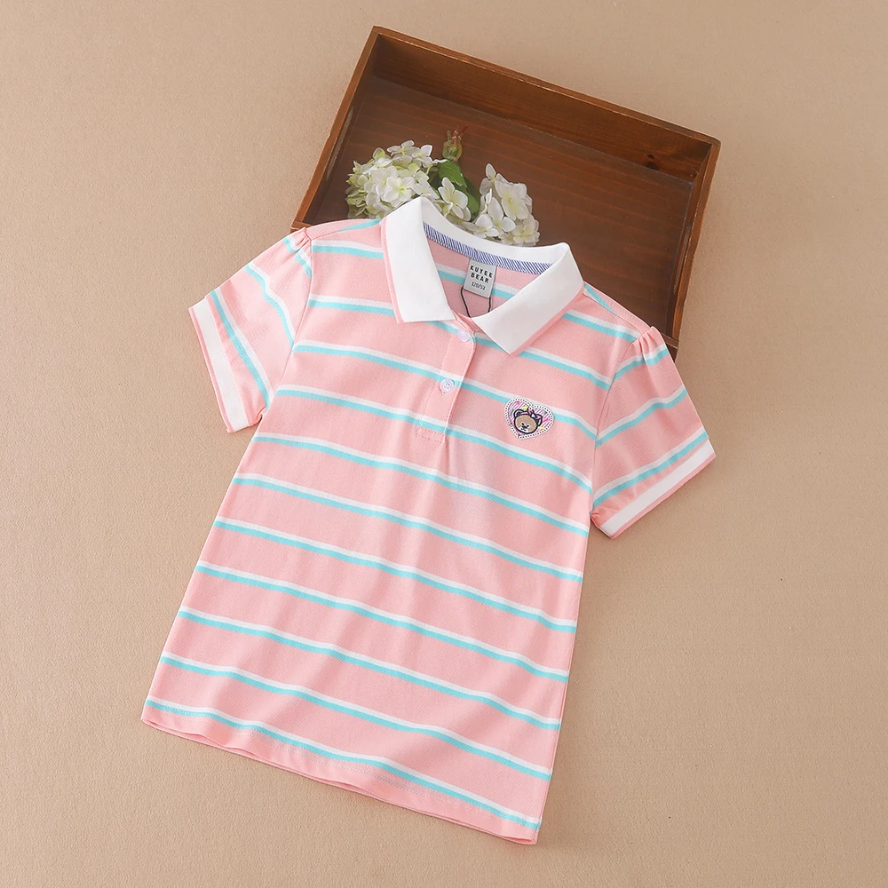 

Girls Polo Summer Children Short Sleeve Cotton T-shirts 2024 New Kids Turn Down Collar Striped Clothes Girls Tops for 5-12 Ages