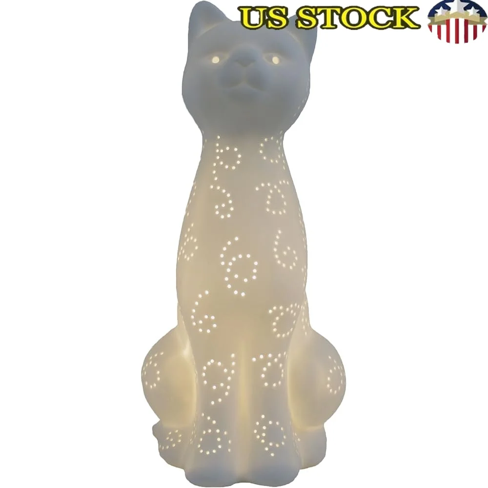 

Cute White Porcelain Animal Shaped Table Lamp Kitty Cat Decorative Light Bedroom Living Room Office Kids Dorm